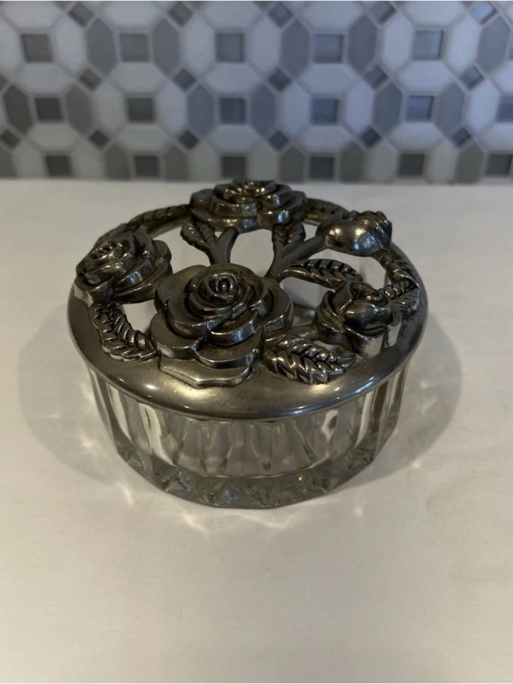Godinger Glass Trinket Jewelry Box with Metal Flower Floral Roses Lid